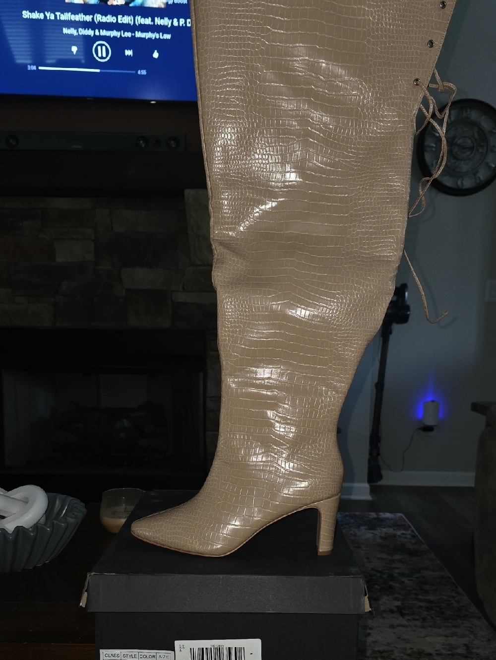 Fashion to Figure Beige Croc-Embossed Over-The-Knee Pointed Toe Block Heel Boots